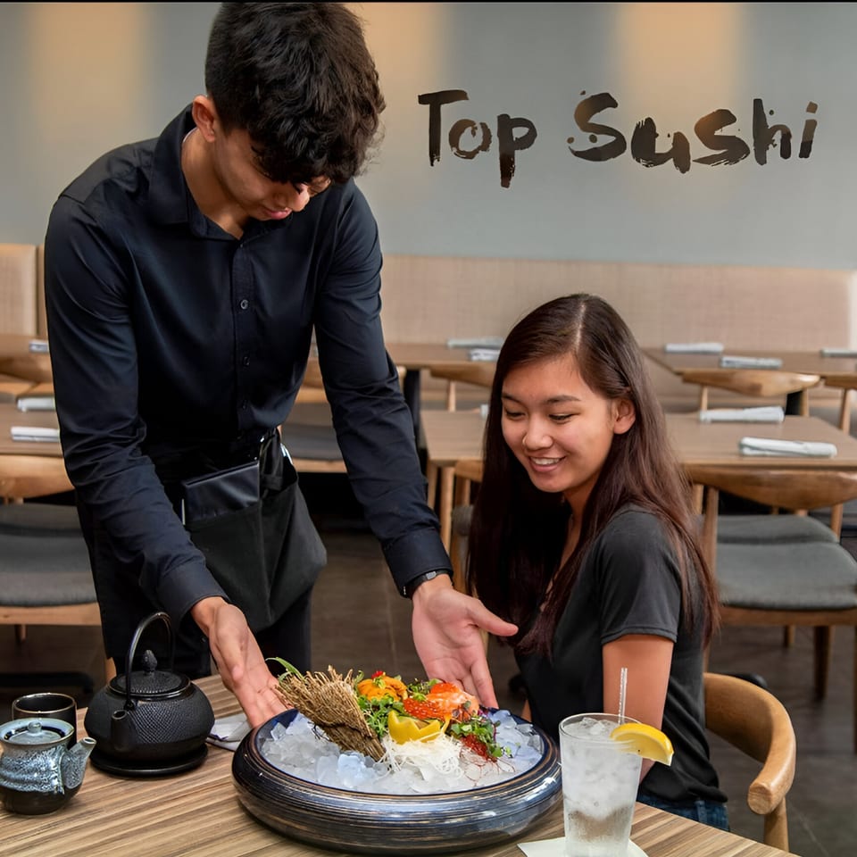 A server at Top Sushi presents a large platter of fresh sushi on ice to a smiling customer.