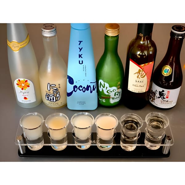 Six bottles of sake and a tasting flight with six glasses of sake on a gray surface.